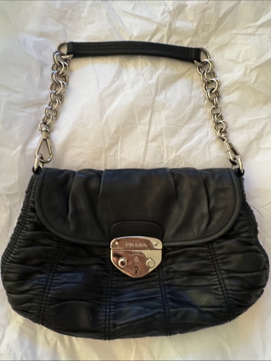 Prada Handbags - Prada Black Leather Shoulder Bag with Silver Chain